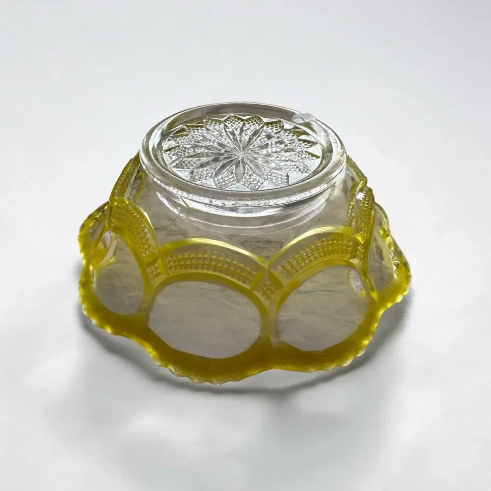 Set of 2 Yellow Pressed Glass Dessert Bowls | Scalloped Rim Clear Yellow Vintage
